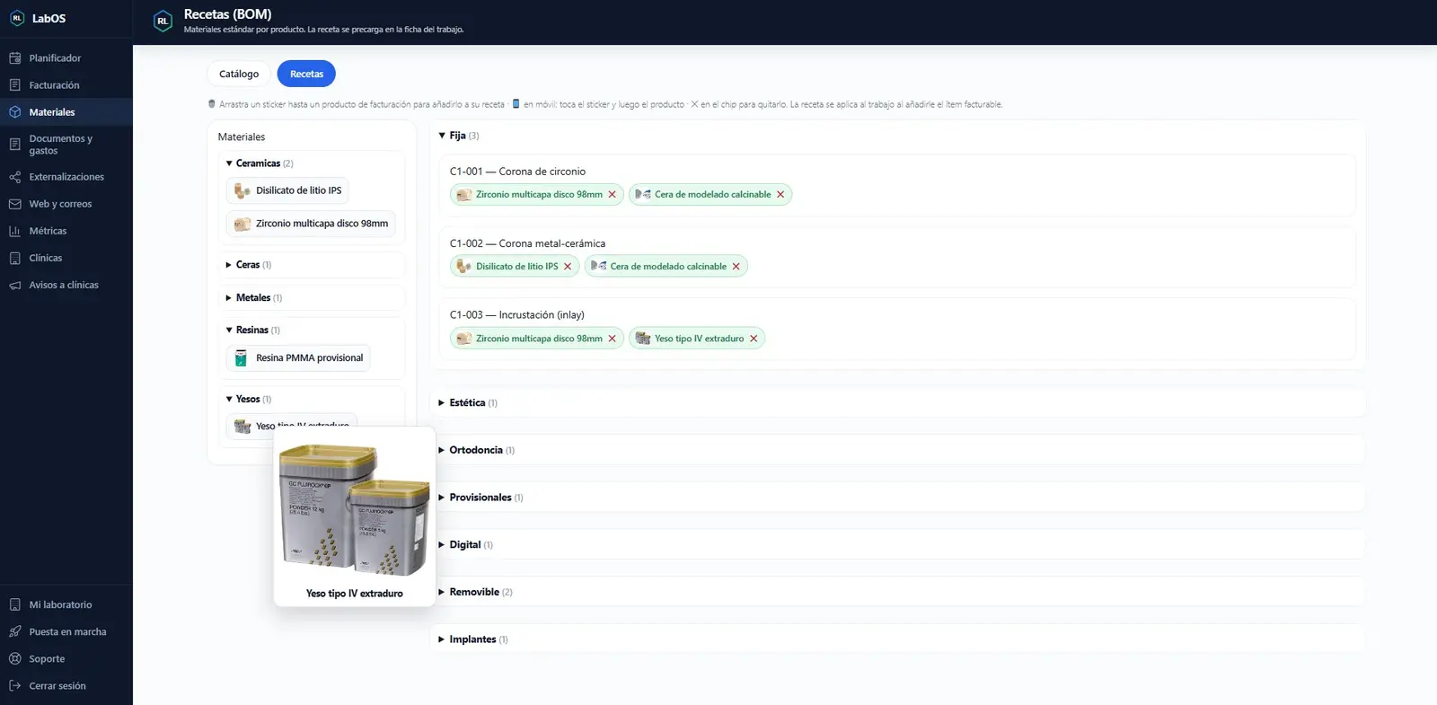 Pantalla de materiales con lotes y receta de un producto